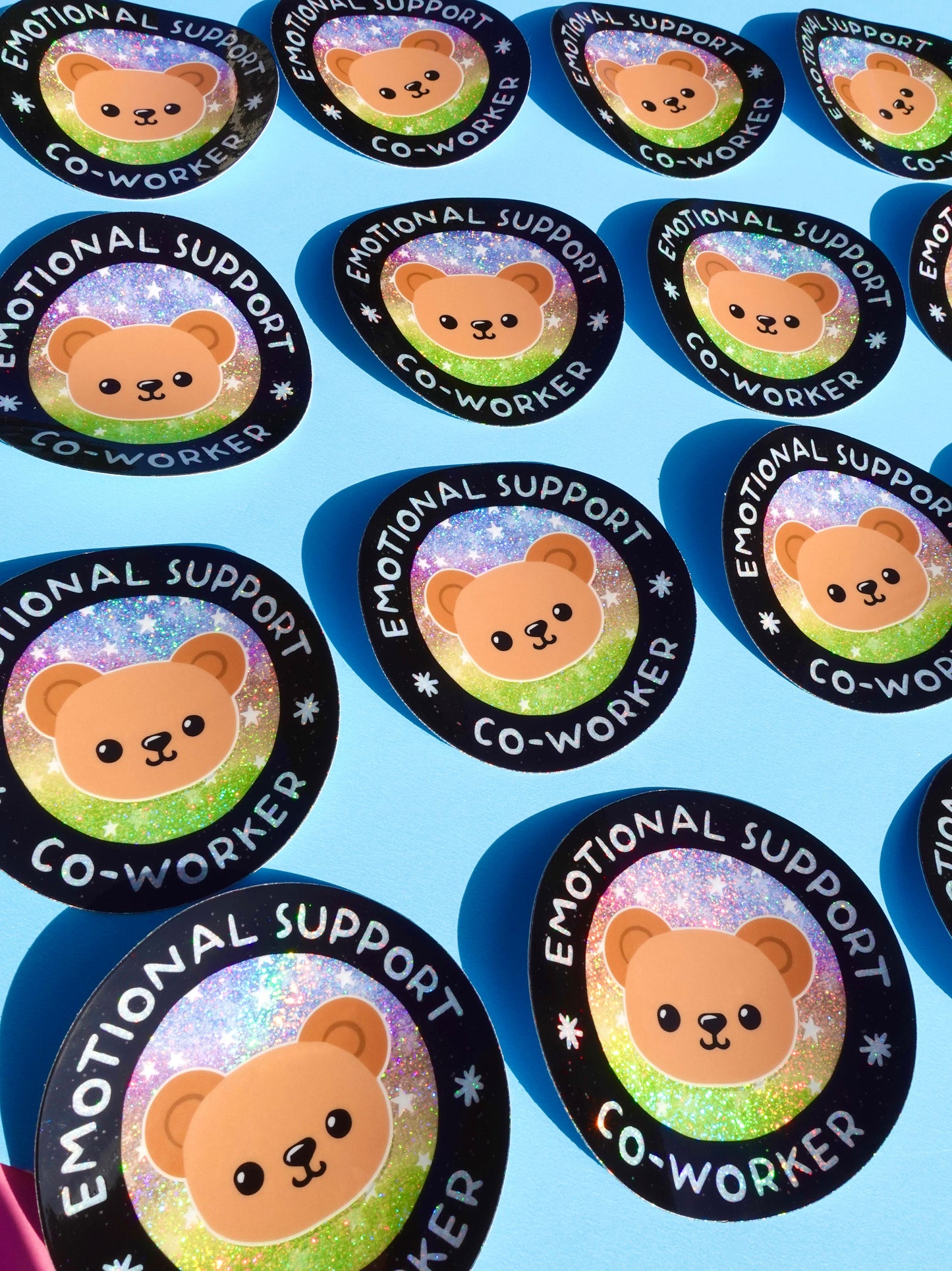 Funny Vinyl Sticker – Emotional Support Co-Worker – Glitter Holographic Waterproof Bear Decal for Work Laptop or Office Gift