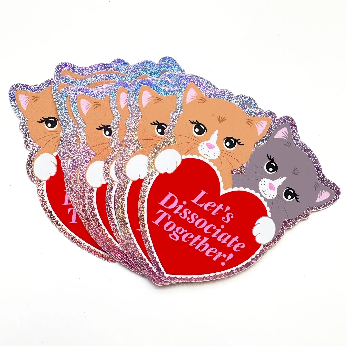 Holographic Glitter Kitten Heart Sticker-Let's Dissociate Together Kitties Heart Sticker