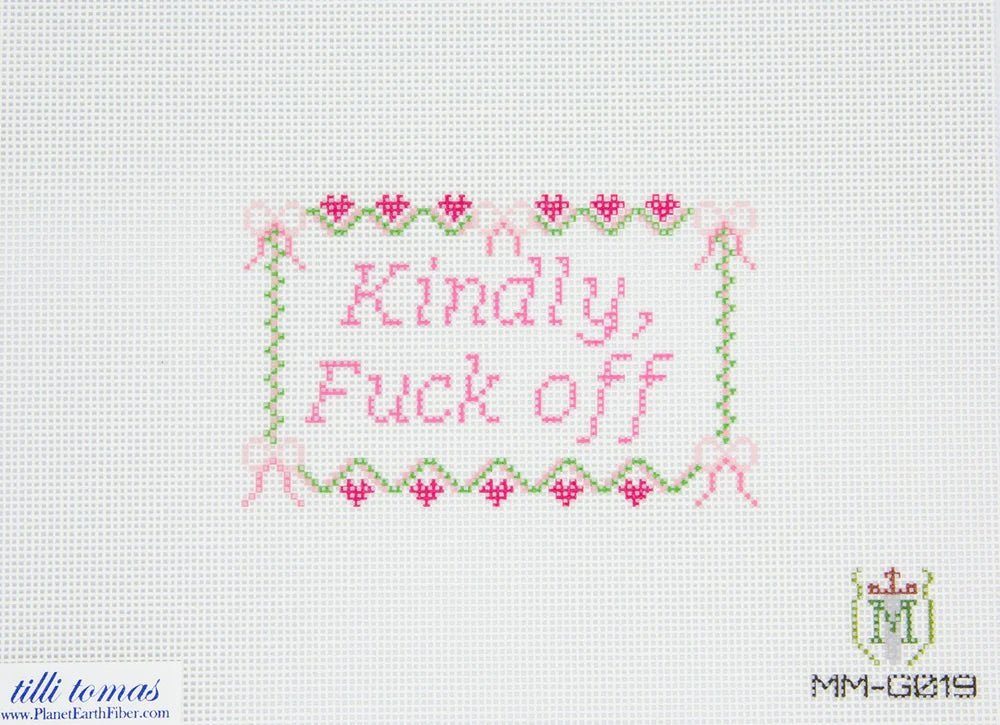 “Kindly, F**k Off!” Needlepoint Canvas – 2.5"x4", 18 Mesh by Misty Morrow