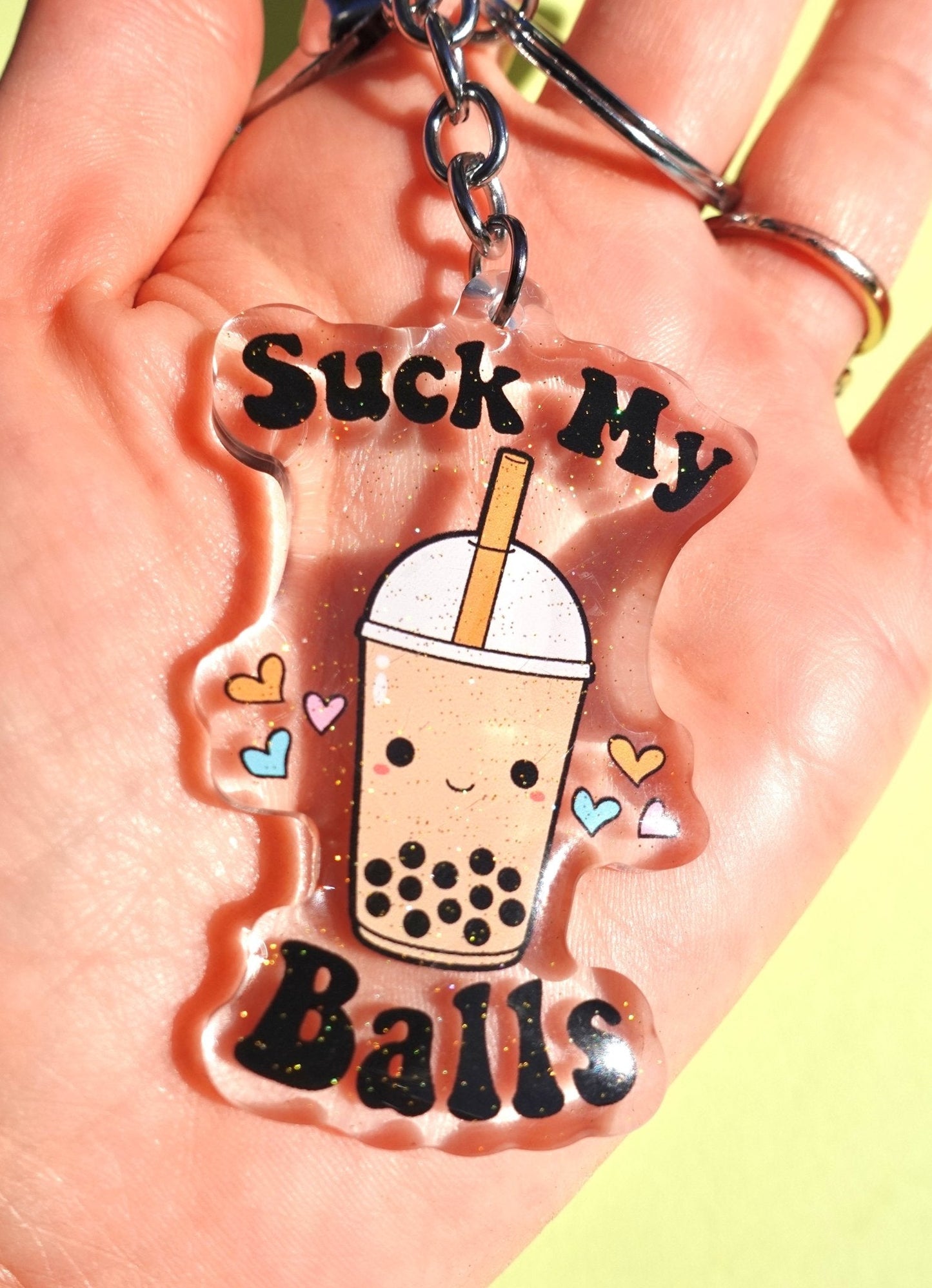 Suck My Balls Keychain – Funny Boba Tea Acrylic Glitter Keychain