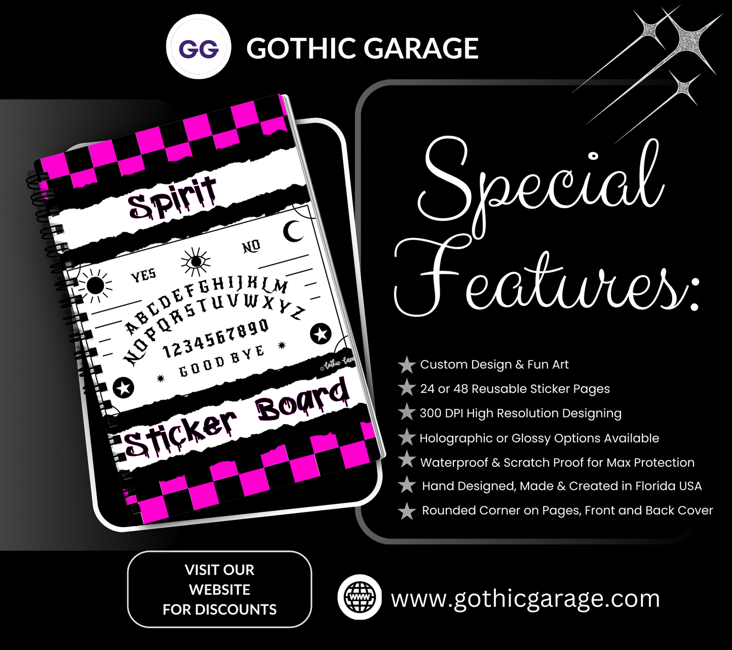 Retro Spirit Board Reusable Sticker Book, Gothic Vibe Sticker Album, Perfect Gift to Personalize for Goth Lovers & Sticker Collectors