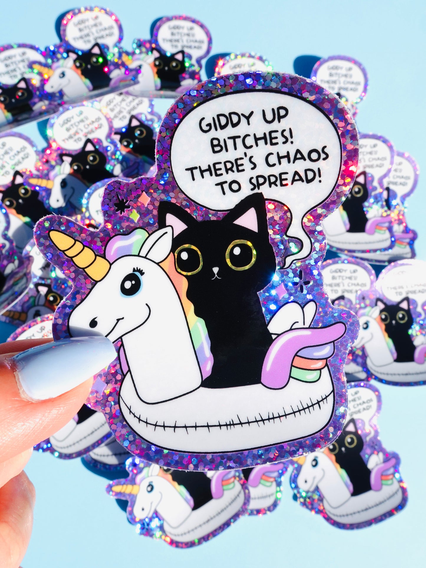 Funny Vinyl Sticker – Giddy Up Bitches – Holographic Cat and Unicorn Waterproof Decal