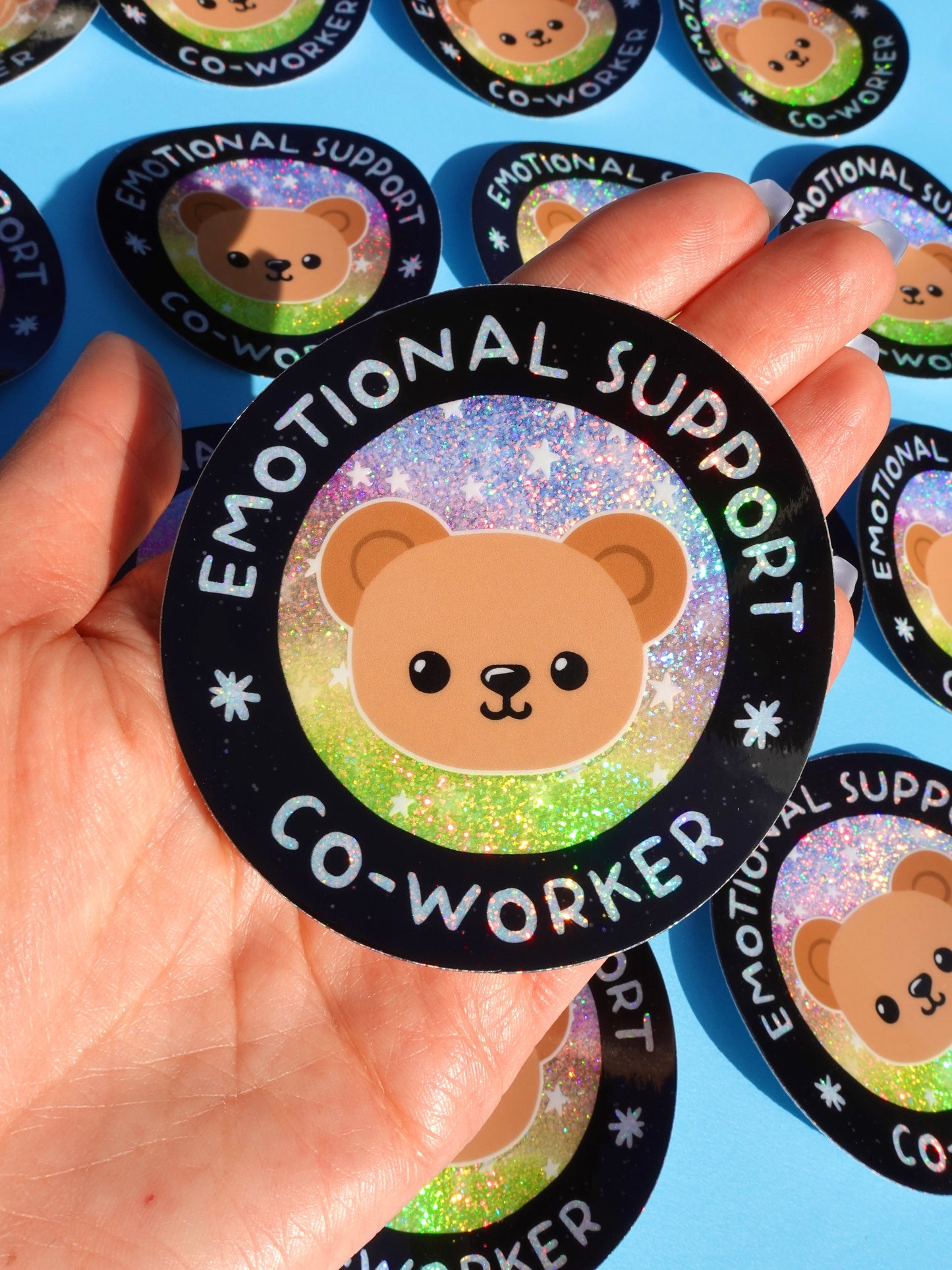 Funny Vinyl Sticker – Emotional Support Co-Worker – Glitter Holographic Waterproof Bear Decal for Work Laptop or Office Gift