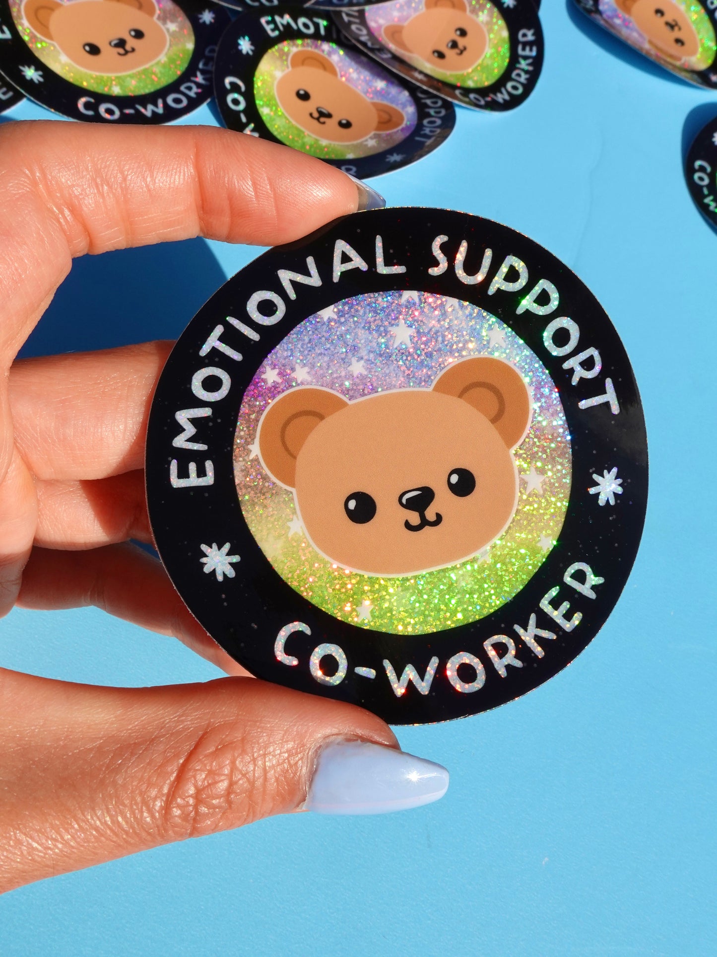 Funny Vinyl Sticker – Emotional Support Co-Worker – Glitter Holographic Waterproof Bear Decal for Work Laptop or Office Gift