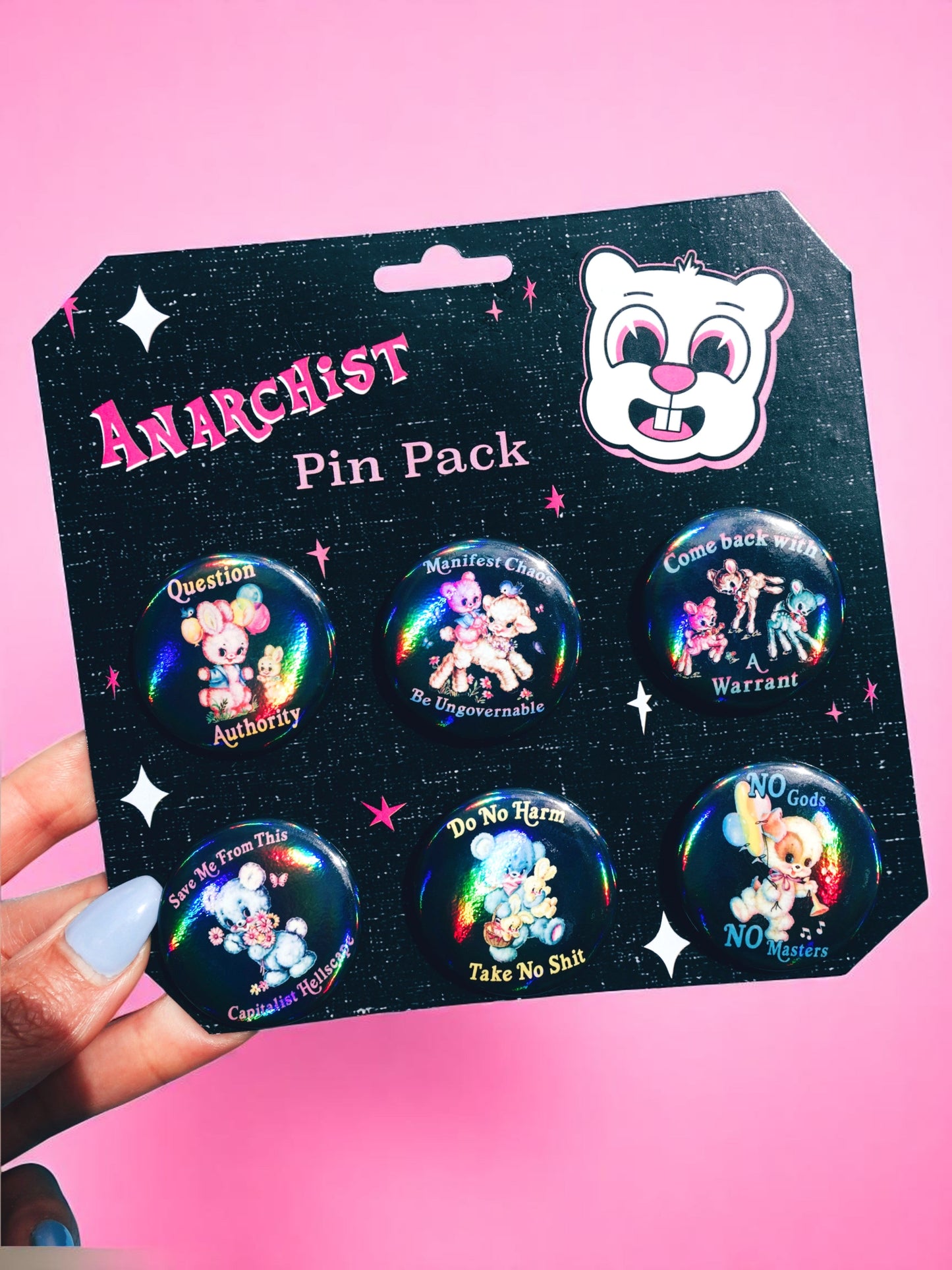 Anarchist Pin Pack –  Limited Drop- Holographic Pastel Buttons Pin pack (Set of 6)