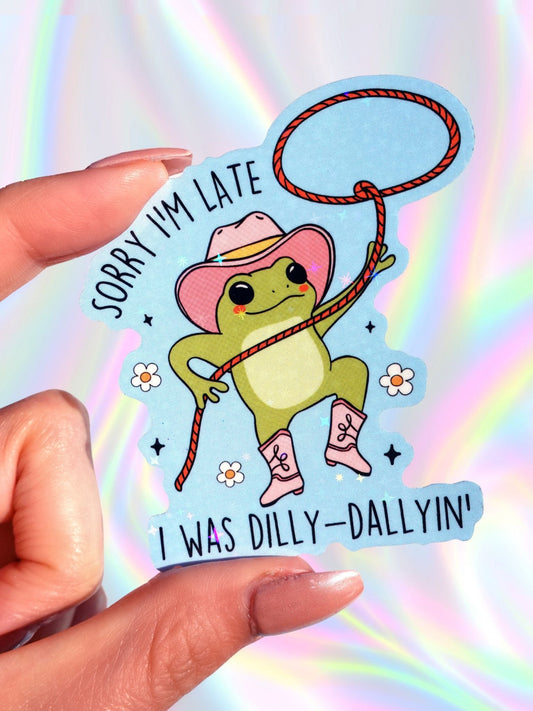 Sorry I’m Late Frog Sticker – Cute Cowboy Glitter Vinyl Sticker