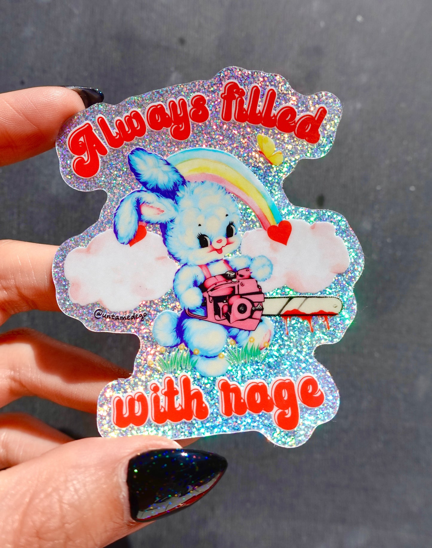 Always Filled with Rage Waterproof Vinyl Sticker – Holographic Funny Bunny Chainsaw Decal