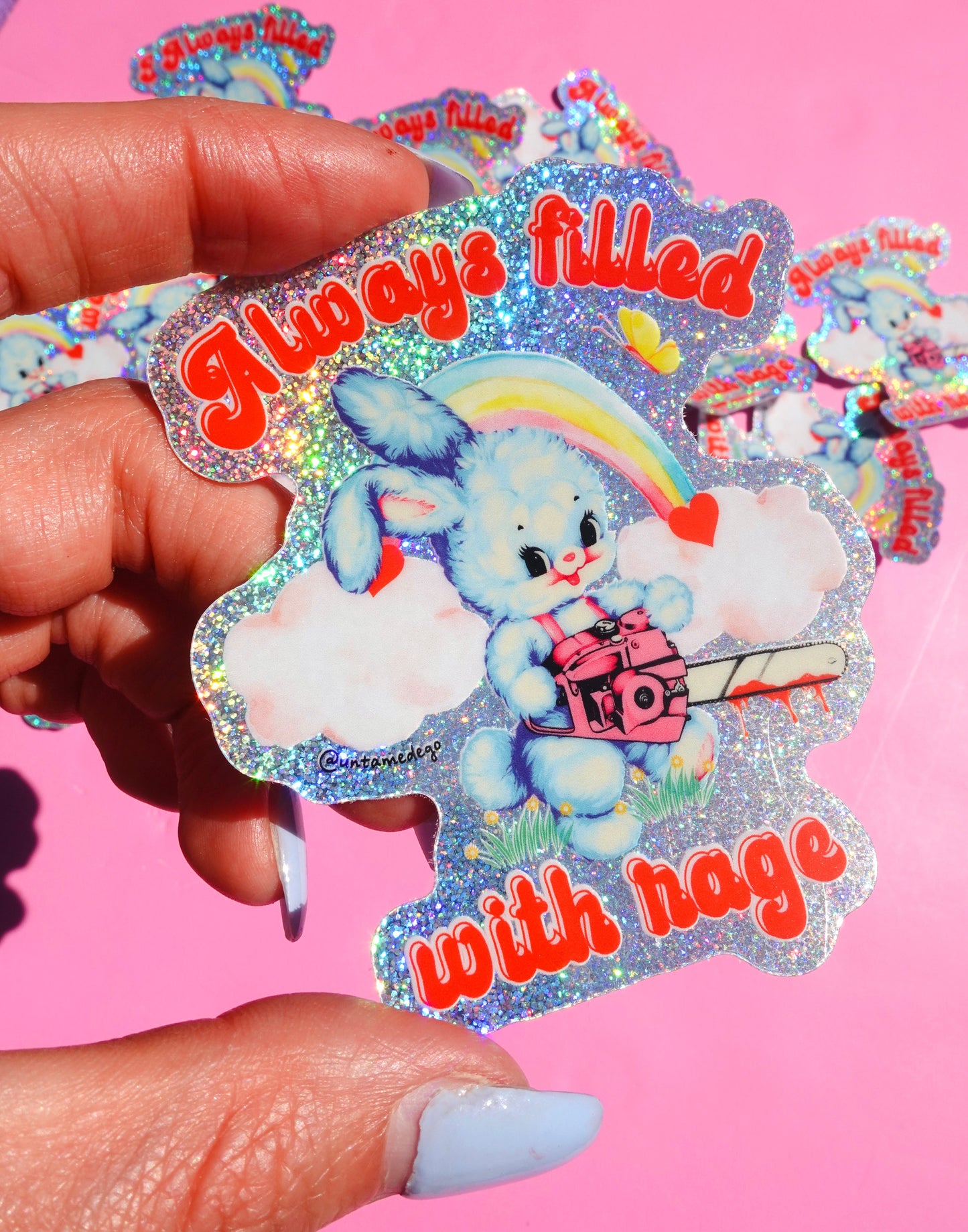 Always Filled with Rage Waterproof Vinyl Sticker – Holographic Funny Bunny Chainsaw Decal