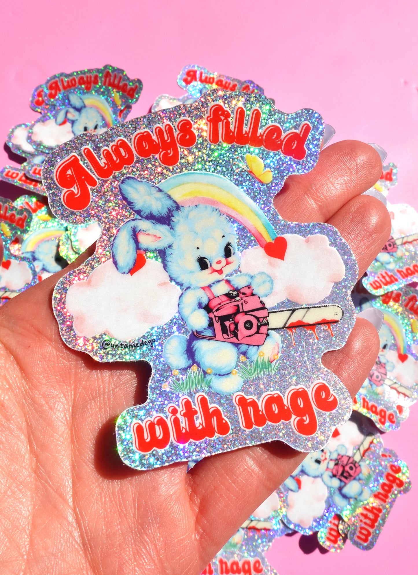 Always Filled with Rage Waterproof Vinyl Sticker – Holographic Funny Bunny Chainsaw Decal