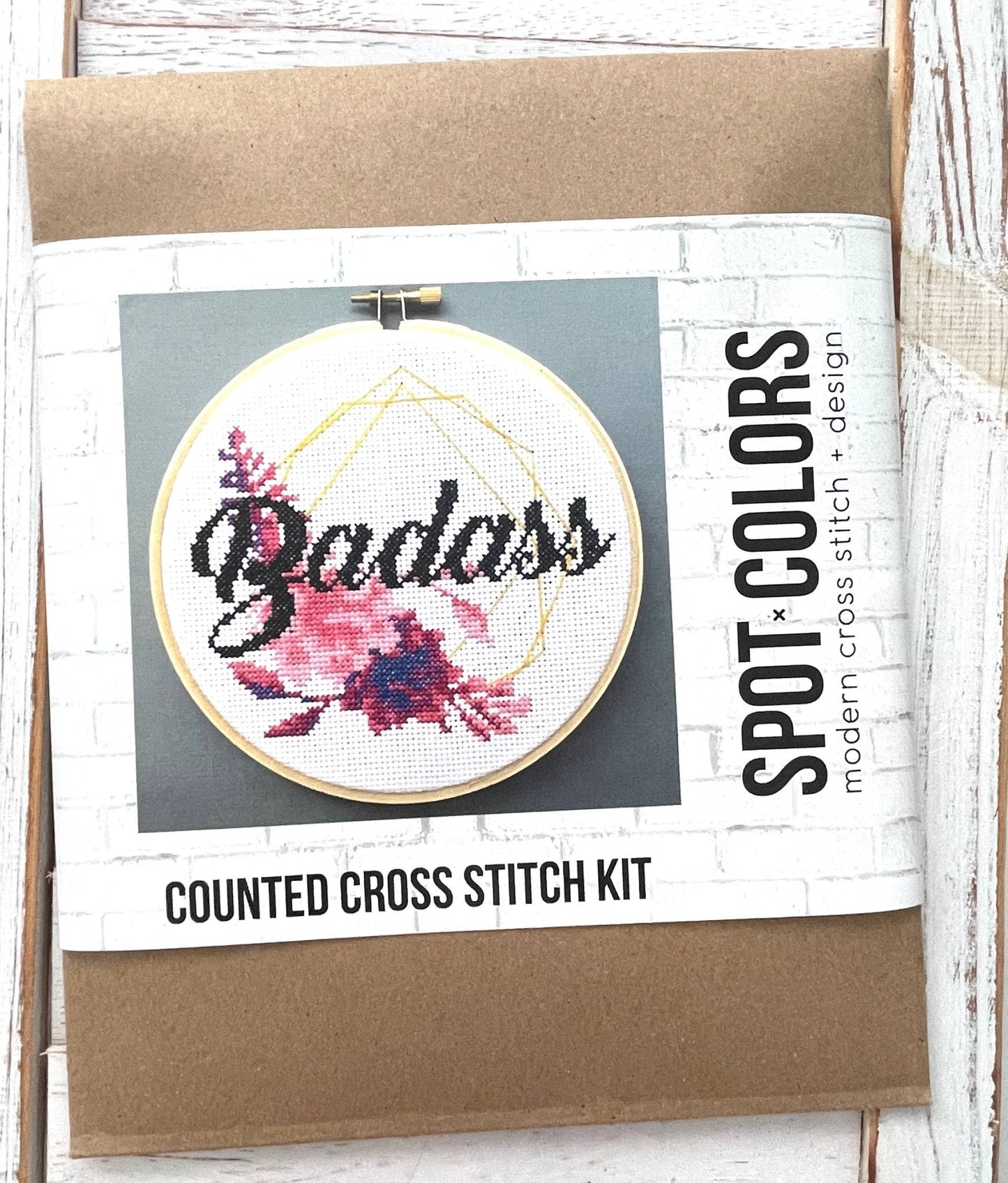 Badass Cross Stitch Kit – Sparkly Gold Thread with Floral Design (6”)