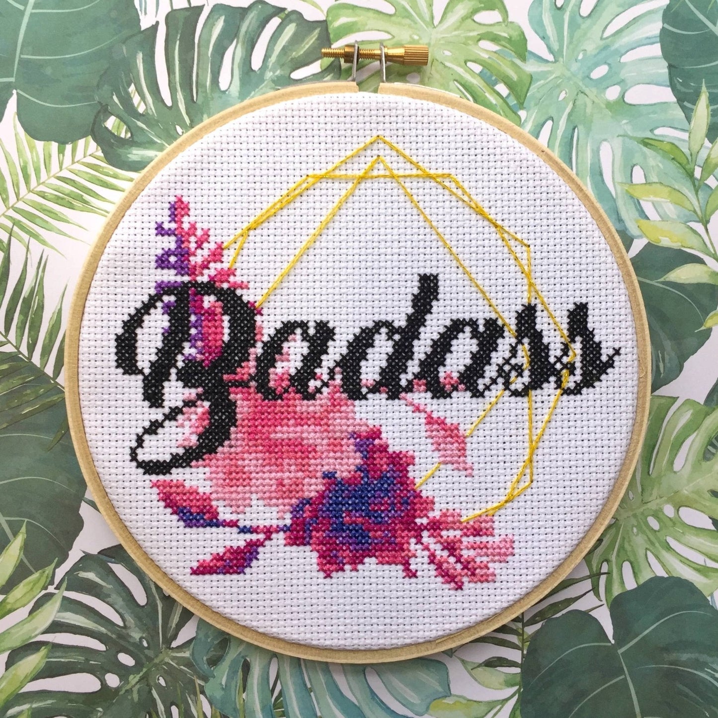 Badass Cross Stitch Kit – Sparkly Gold Thread with Floral Design (6”)