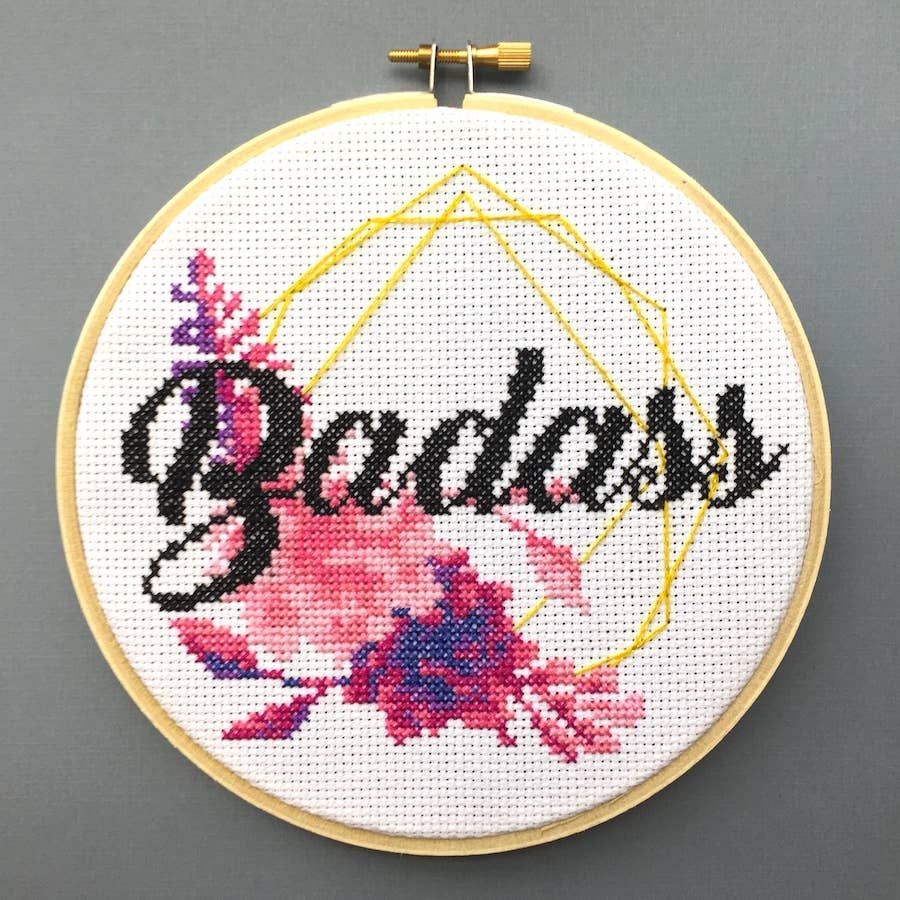 Badass Cross Stitch Kit – Sparkly Gold Thread with Floral Design (6”)