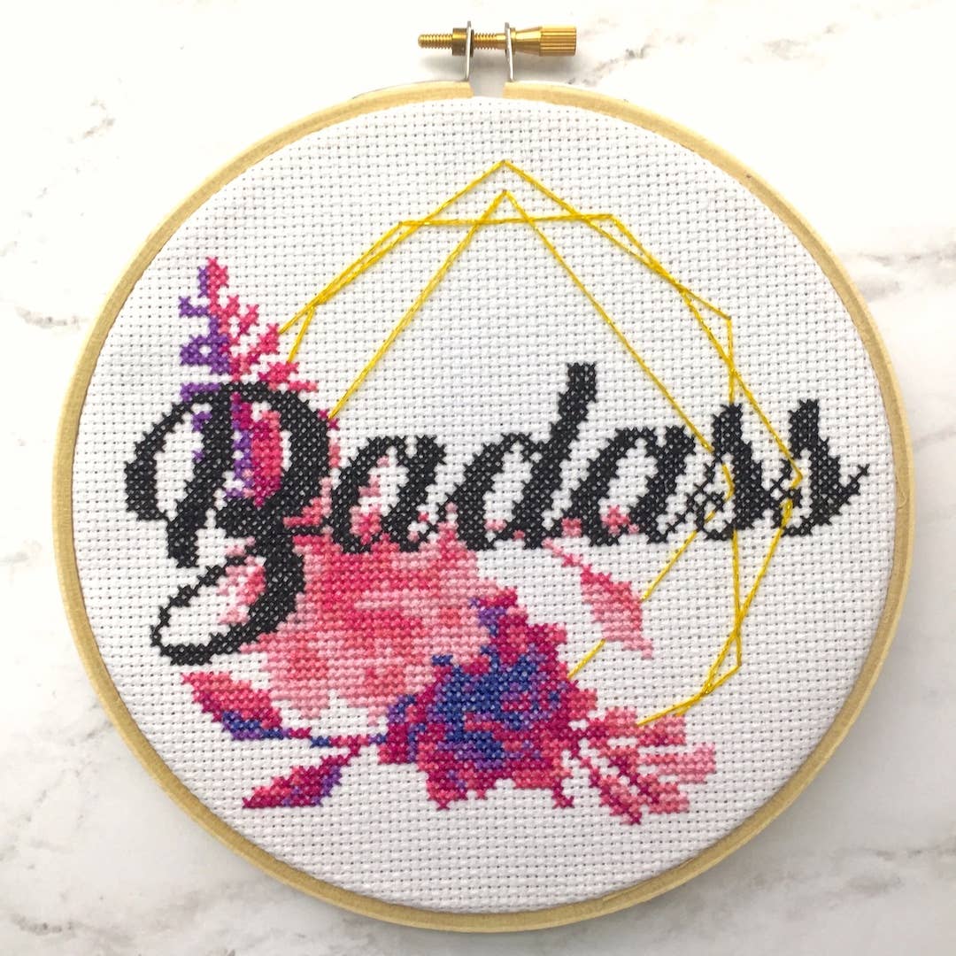 Badass Cross Stitch Kit – Sparkly Gold Thread with Floral Design (6”)