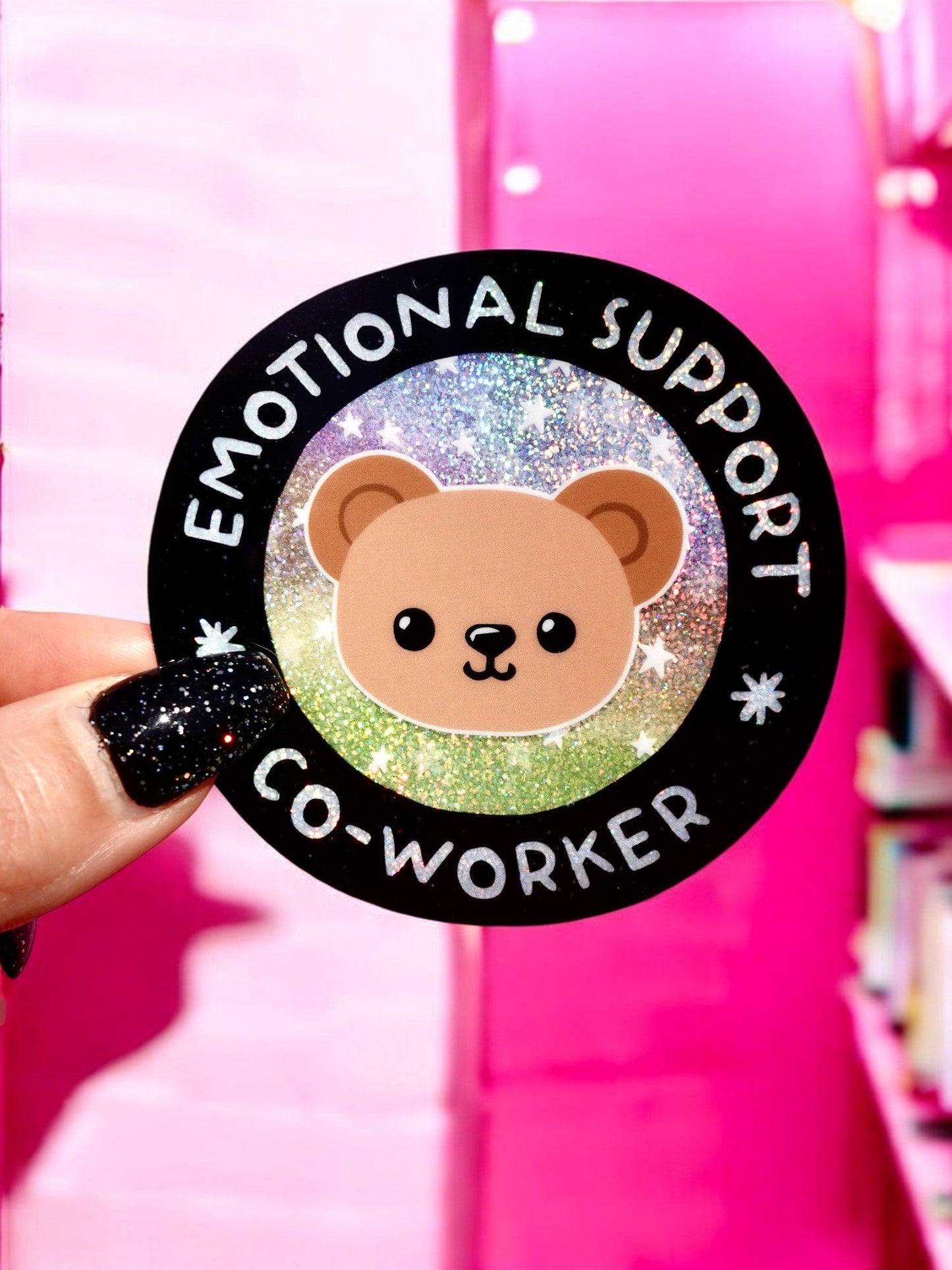 Funny Vinyl Sticker – Emotional Support Co-Worker – Glitter Holographic Waterproof Bear Decal for Work Laptop or Office Gift