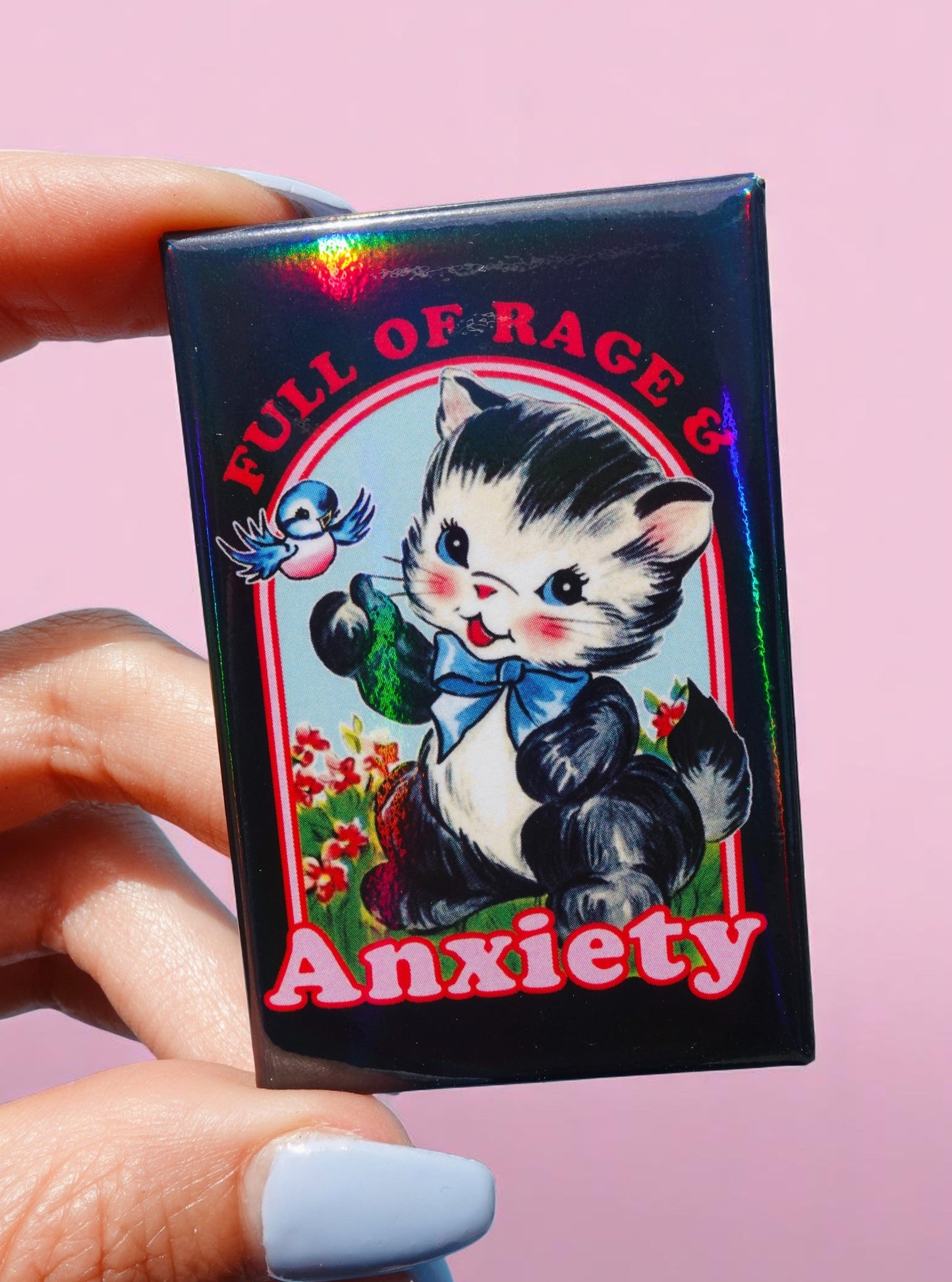 Full of Rage & Anxiety Holographic Pin – Vintage Angry Cat Enamel Pin