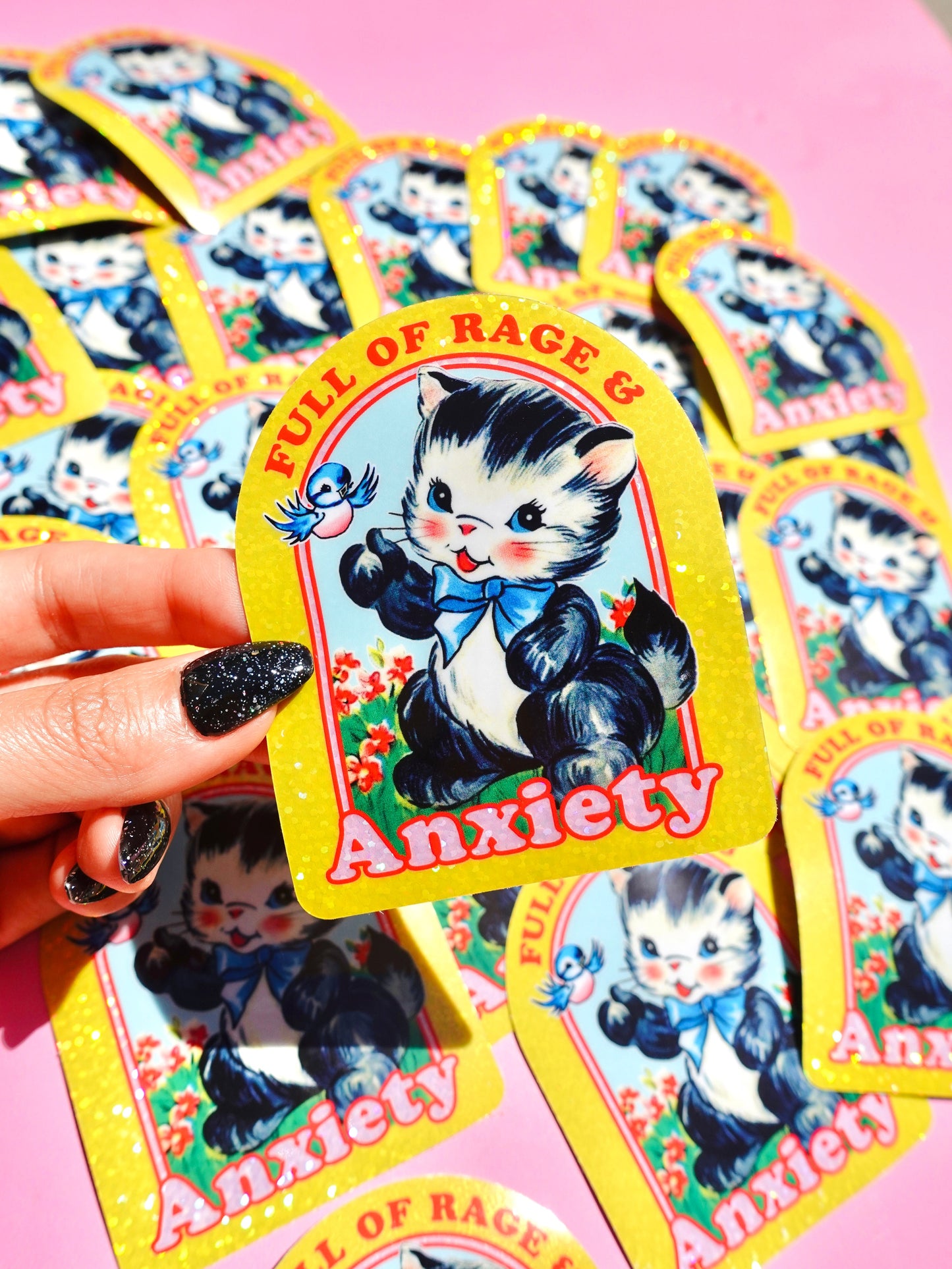 Full of Rage & Anxiety – Retro Cat Glitter Vinyl Sticker