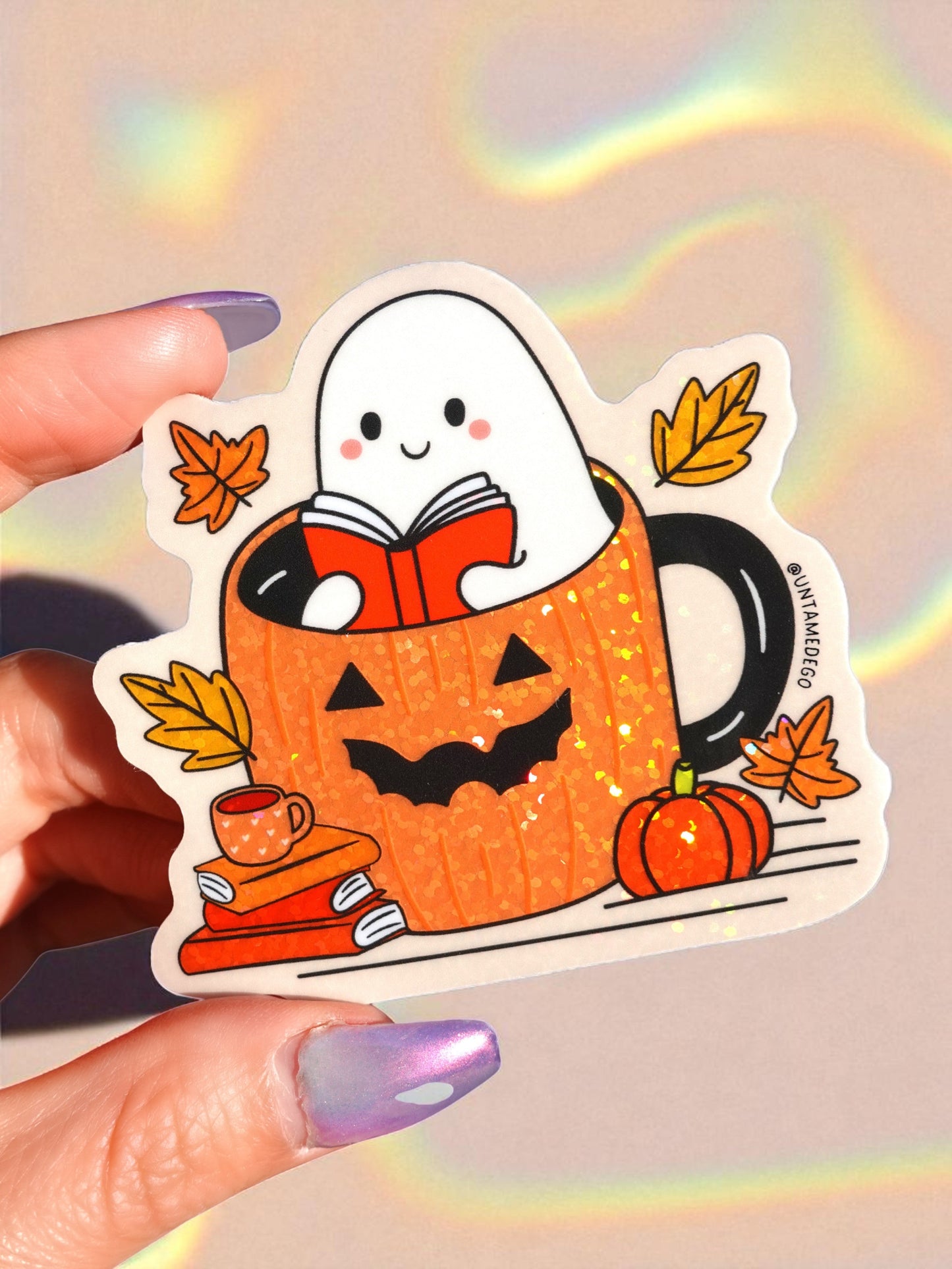 Ghost in Pumpkin Mug Sticker – Cozy Fall Glitter Vinyl Sticker