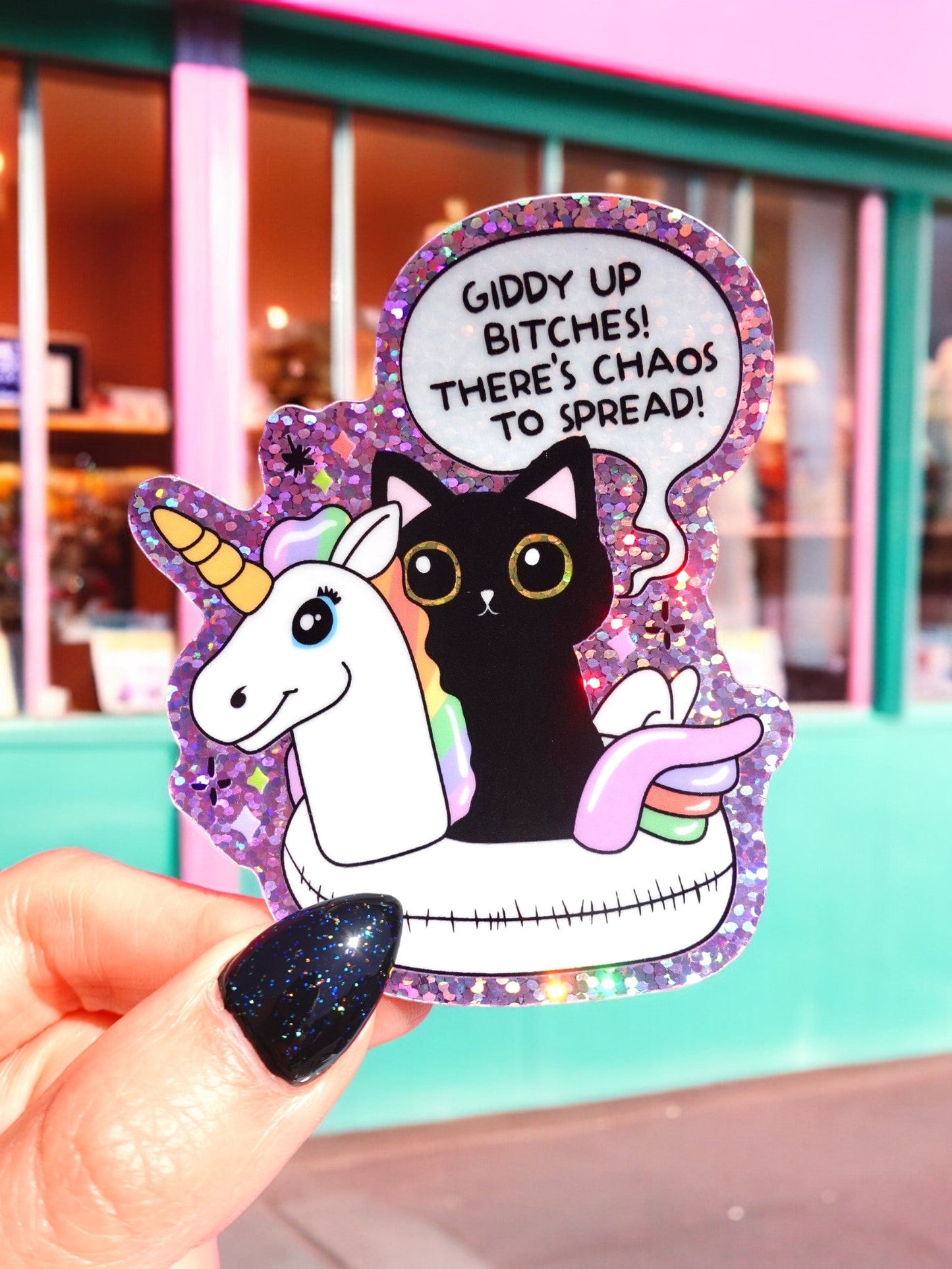 Funny Vinyl Sticker – Giddy Up Bitches – Holographic Cat and Unicorn Waterproof Decal