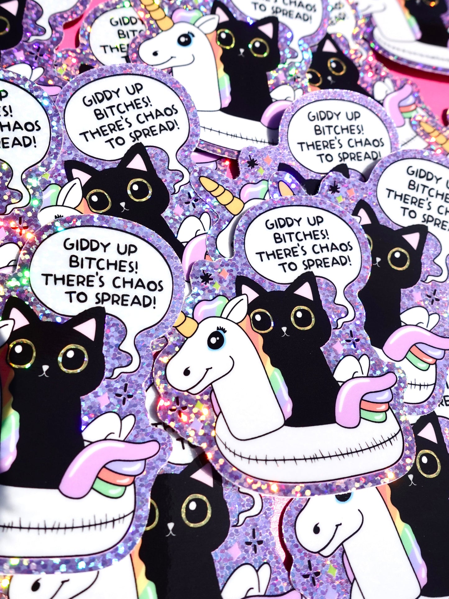 Funny Vinyl Sticker – Giddy Up Bitches – Holographic Cat and Unicorn Waterproof Decal
