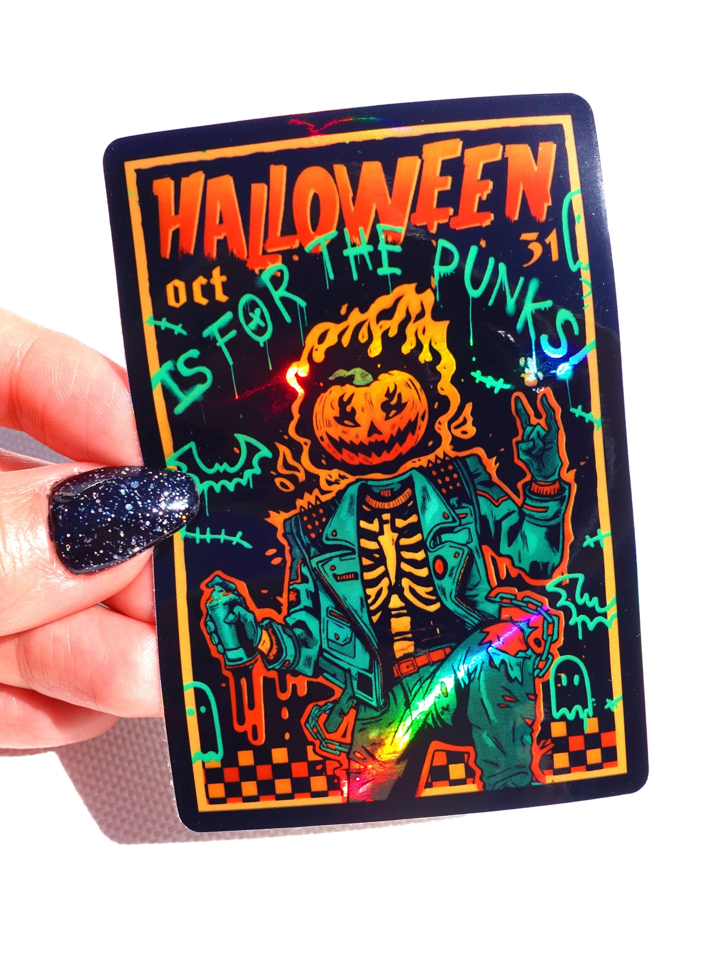 Halloween Is for the Punks Sticker – Holographic Skeleton Vinyl – Punk Rock Halloween Vinyl Sticker