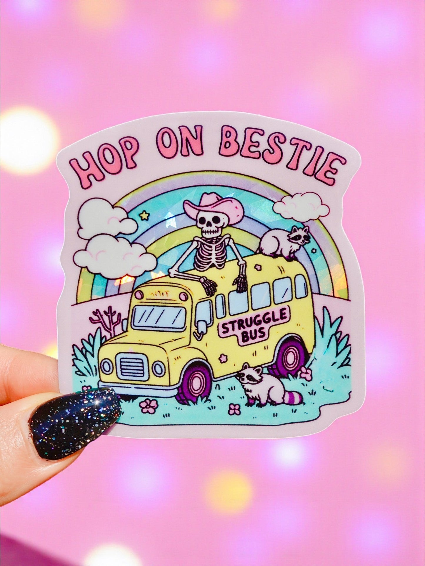 Hop On Bestie Sticker – Funny Struggle Bus Glitter Vinyl Sticker