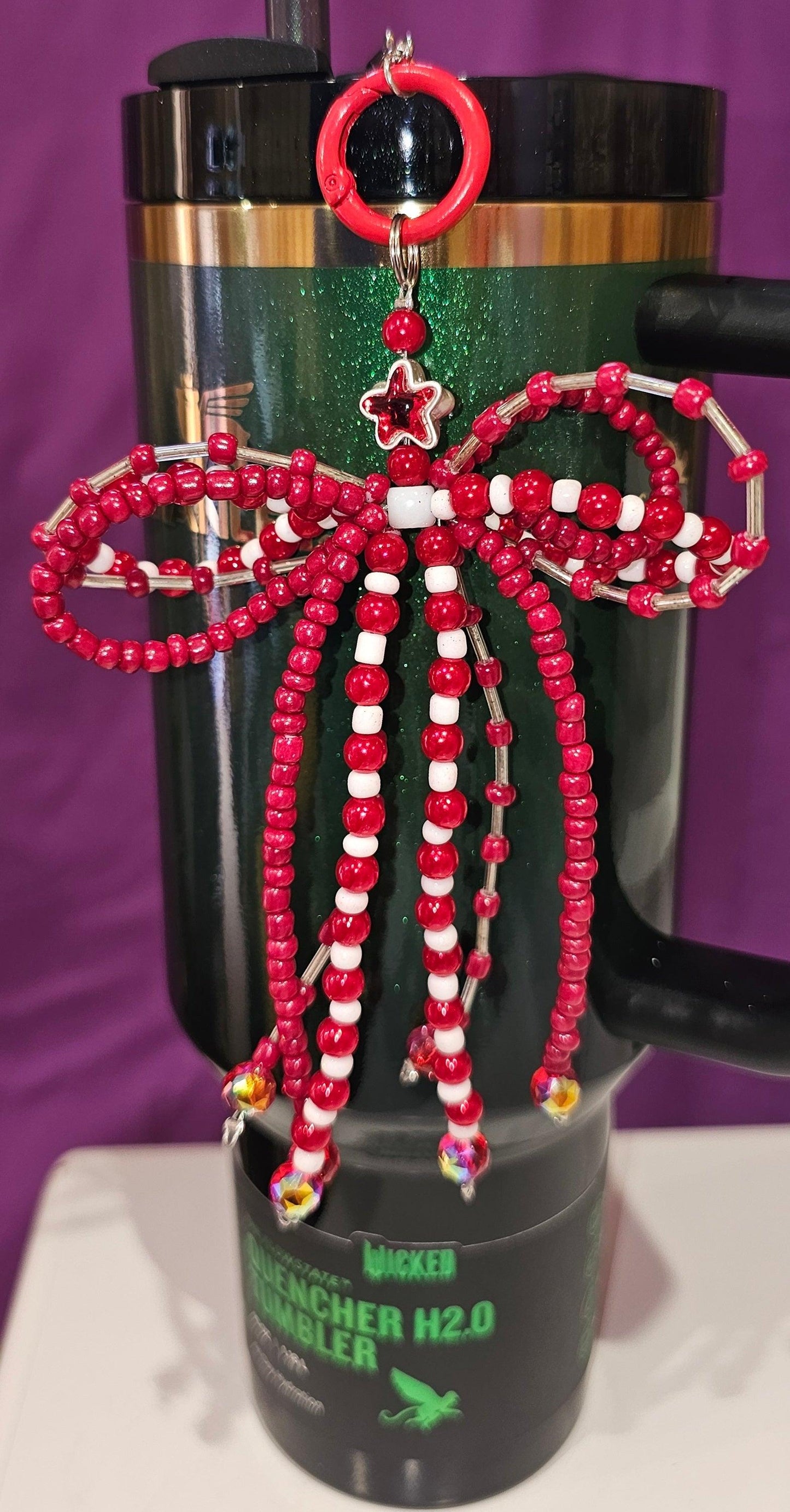 Red and White Beaded Ribbon Bow Charm