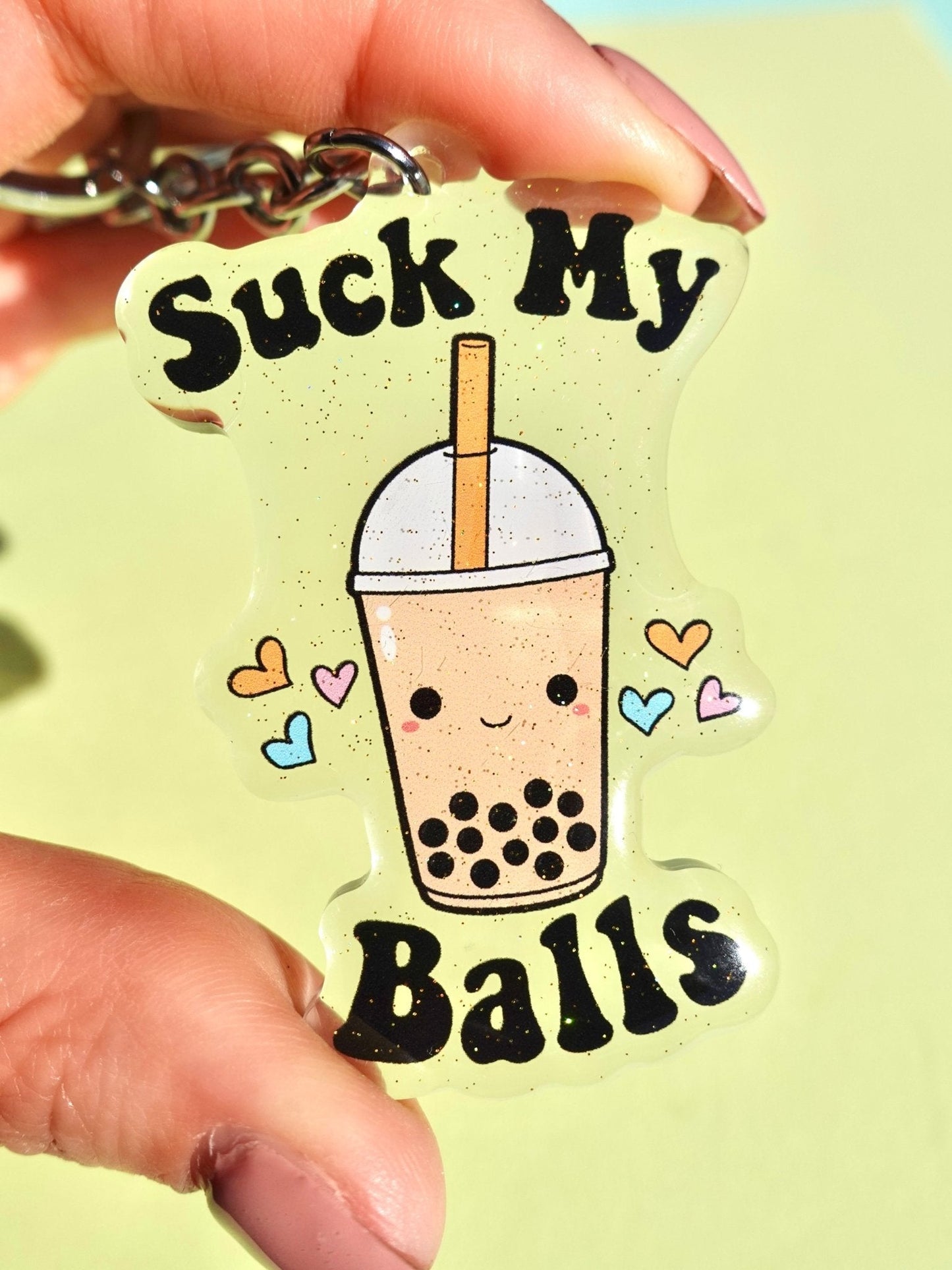Suck My Balls Keychain – Funny Boba Tea Acrylic Glitter Keychain