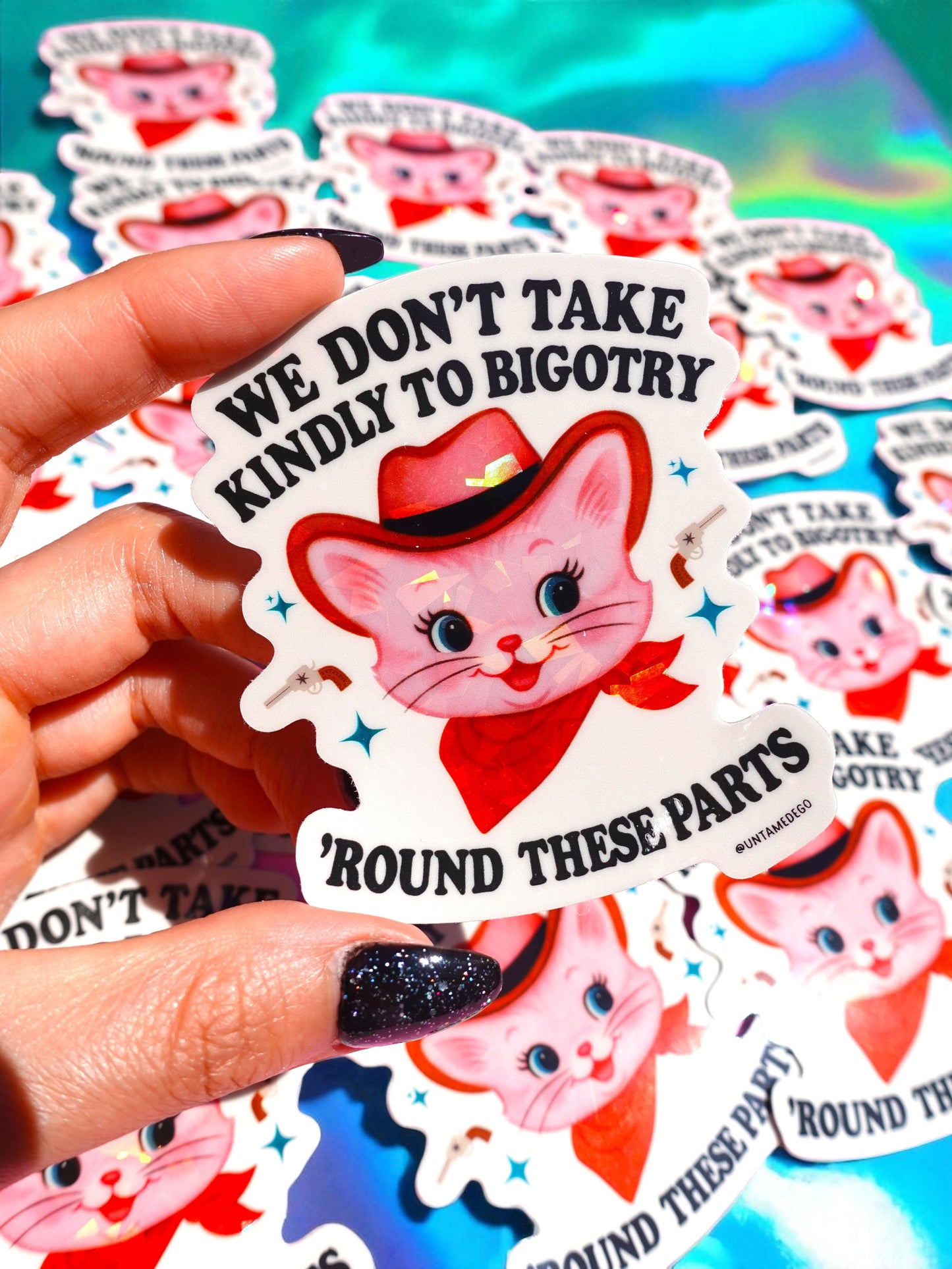 We Don’t Take Kindly to Bigotry – Cowboy Cat Vinyl Sticker